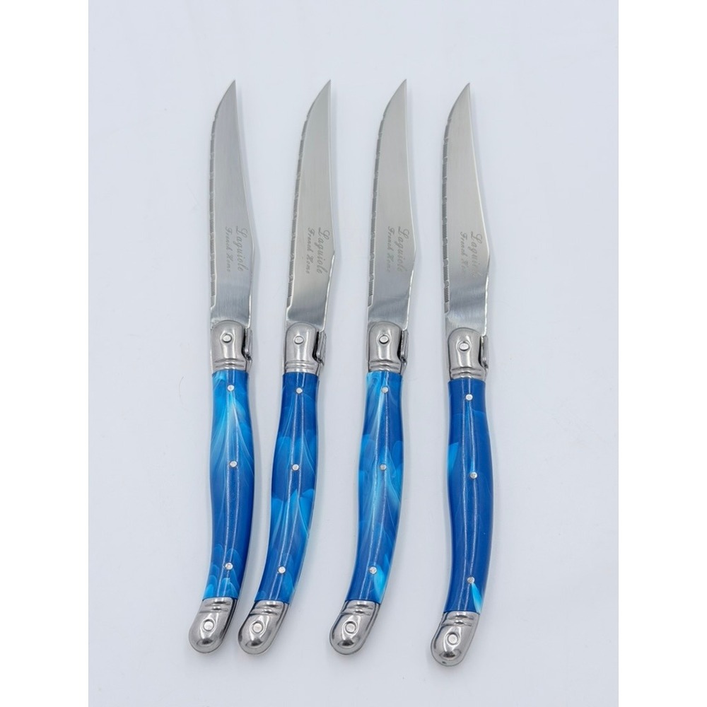 Laguiole French Home Blue Marbled Steak Knives Set of 4 Stainless Steel 9 inch